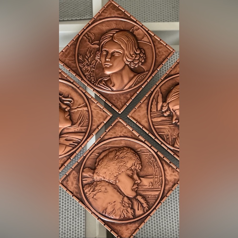 Set of 4 Vintage Art Deco Copper Plaques The Four Seasons Albert Gilles signed